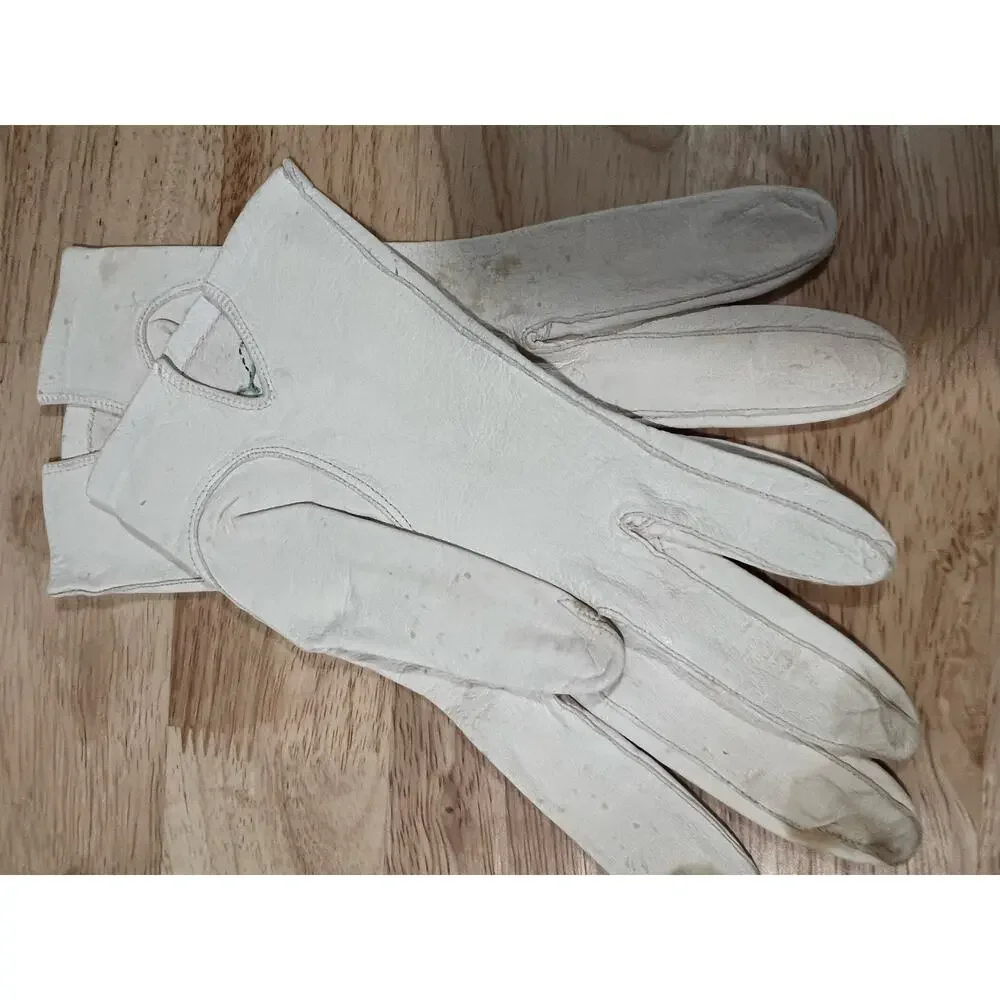 Vintage Dainty Leather Gloves White w Embroidered Floral Small JL